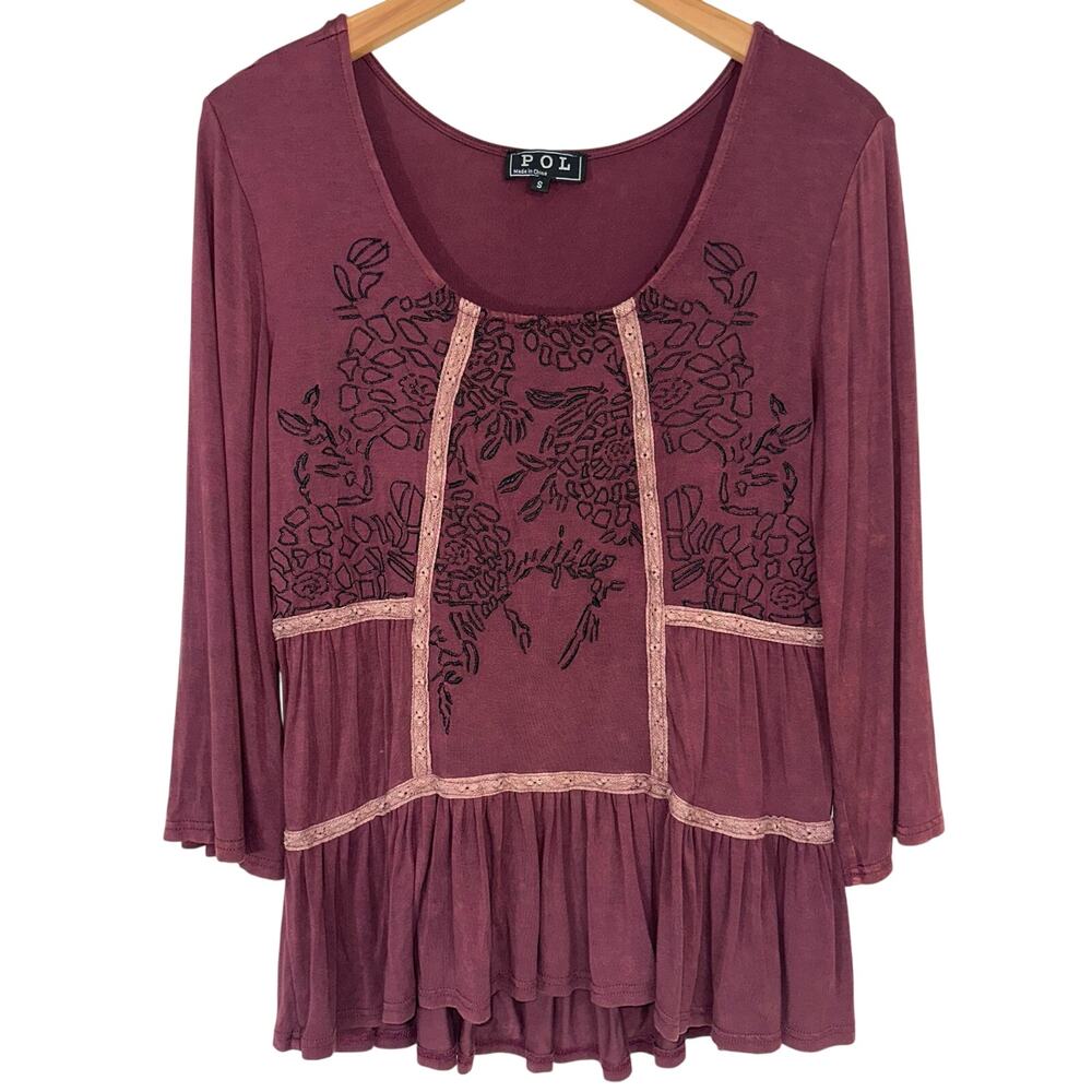 POL Burgundy Wine Embroidered Boho 3/4 Sleeve Peplum Babydoll Top Size S